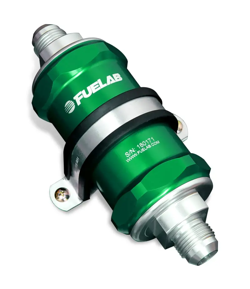 Fuelab 818 Inline Fuel Filter – -8 An Inlet/Outlet, 40-Micron Stainless Steel, Green Housing 1