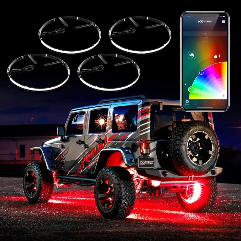 Xk Glow Adjustable 4-Piece Wheel Ring Light Kit With Dual-Mode Dash Mount Controller – Fits 15–18 Inch Wheels 2